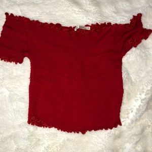 Red off the shoulder lettuce edge crop top